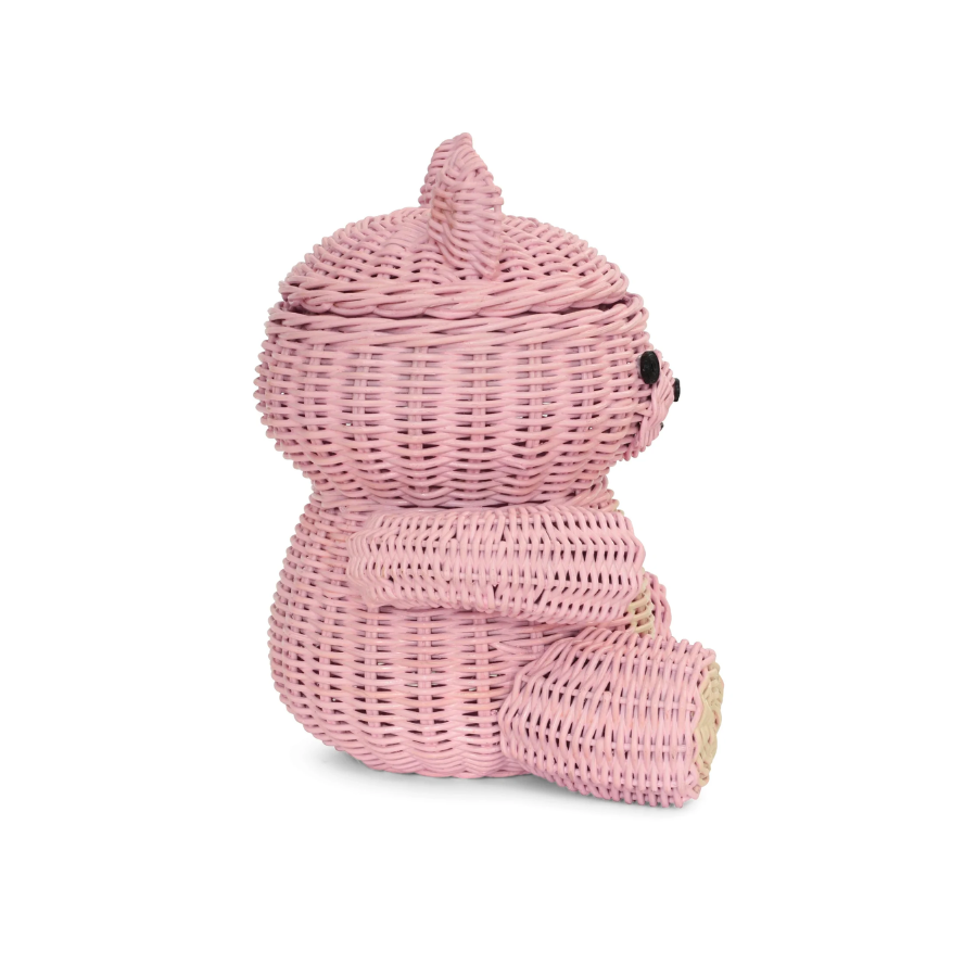 Pink Bear Rattan Storage Basket with Lid Decorative Home Decor Hand Woven Shelf Organizer Cute Handmade Handcrafted Gift Art Decoration Artwork Wicker