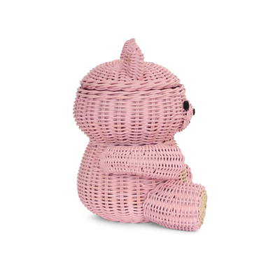 Pink Bear Rattan Storage Basket with Lid Decorative Home Decor Hand Woven Shelf Organizer Cute Handmade Handcrafted Gift Art Decoration Artwork Wicker