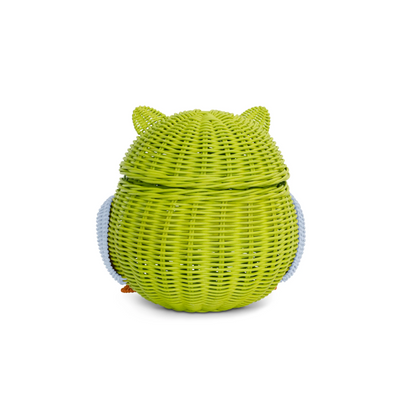 Green Owl Rattan Storage Basket with Lid Decorative Home Decor Hand Woven Shelf Organizer Cute Handmade Handcrafted Gift Art Decoration Artwork Wicker