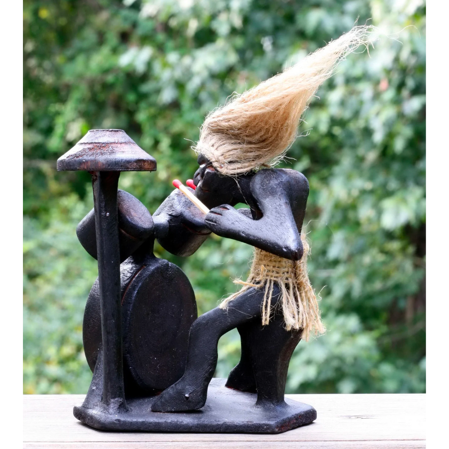Wooden Handmade Primitive Tribal with Drum Kit Funny Statue Sculpture Tiki Bar Drummer Handcrafted Gift Home Decor Figurine Hand Carved