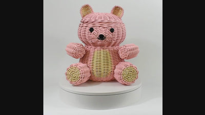 Pink Bear Rattan Storage Basket with Lid Decorative Home Decor Hand Woven Shelf Organizer Cute Handmade Handcrafted Gift Art Decoration Artwork Wicker