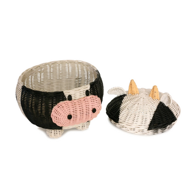 Cow Rattan Storage Basket with Lid Decorative Bin Home Decor Hand Woven Shelf Organizer Cute Handmade Handcrafted Gift Art Decoration Artwork Wicker