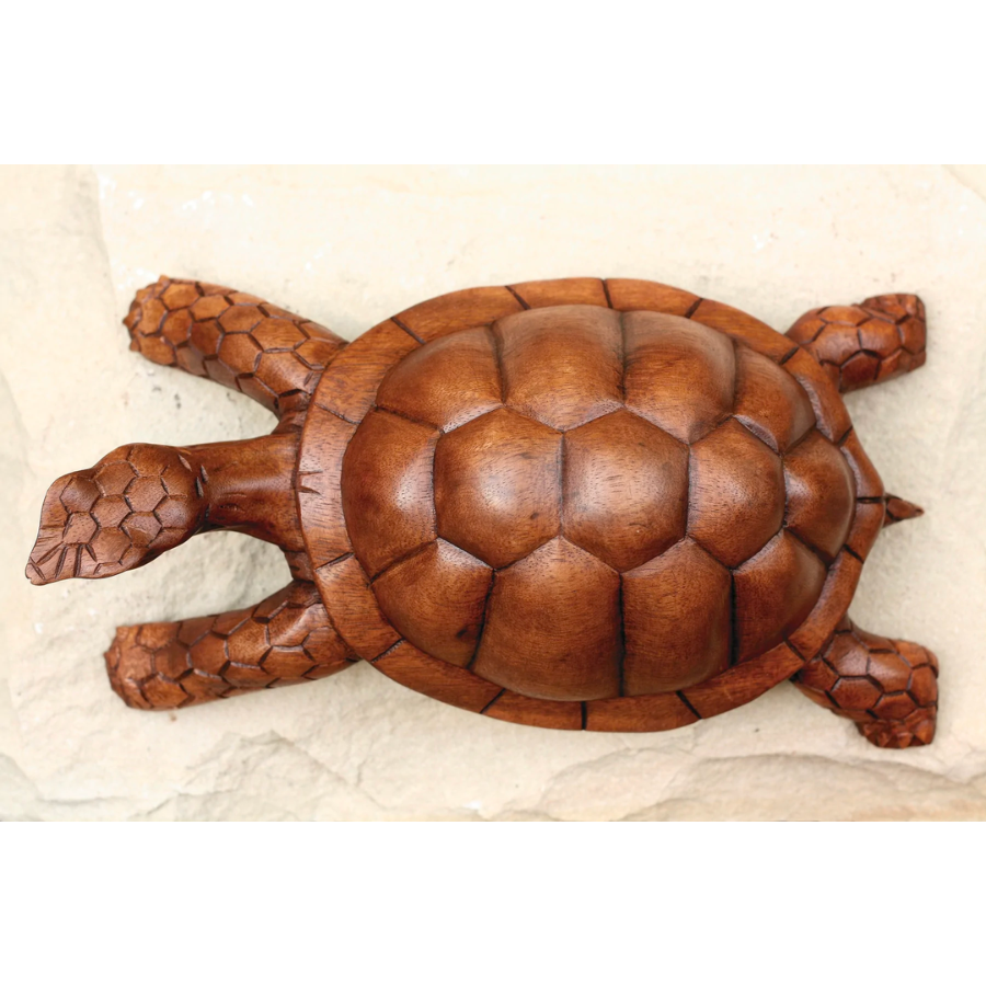 12" Large Wooden Tortoise Turtle Statue Hand Carved Sculpture Wood Home Decor Accent Figurine Handcrafted Handmade Seaside Tropical Nautical Coastal
