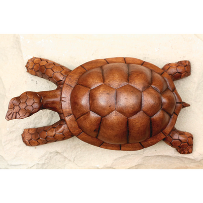 12" Large Wooden Tortoise Turtle Statue Hand Carved Sculpture Wood Home Decor Accent Figurine Handcrafted Handmade Seaside Tropical Nautical Coastal