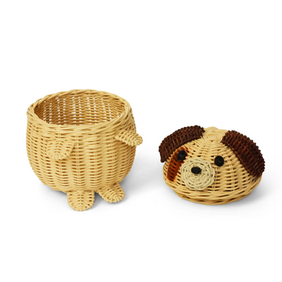 Dog Rattan Storage Basket with Lid Decorative Home Decor Hand Woven Shelf Organizer Cute Handmade Handcrafted Gift Art Decoration Artwork Wicker Puppy
