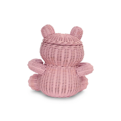 Pink Bear Rattan Storage Basket with Lid Decorative Home Decor Hand Woven Shelf Organizer Cute Handmade Handcrafted Gift Art Decoration Artwork Wicker