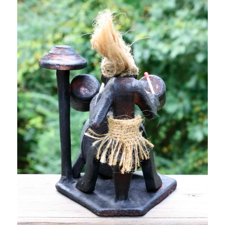 Wooden Handmade Primitive Tribal with Drum Kit Funny Statue Sculpture Tiki Bar Drummer Handcrafted Gift Home Decor Figurine Hand Carved