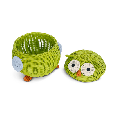 Green Owl Rattan Storage Basket with Lid Decorative Home Decor Hand Woven Shelf Organizer Cute Handmade Handcrafted Gift Art Decoration Artwork Wicker
