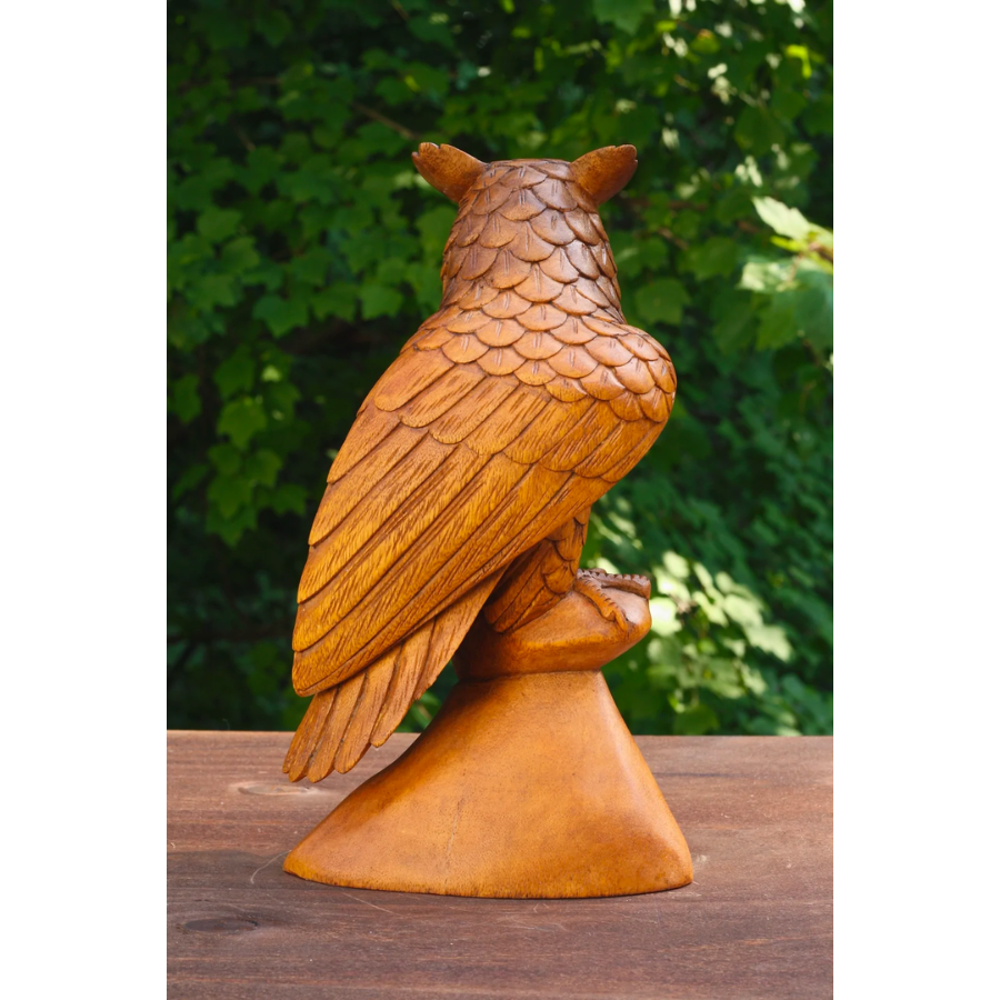 12" Large Wooden Handmade Owl Statue Handcrafted Figurine Art Home Decor Sculpture Wood Hand Carved Decorative Accent Decoration