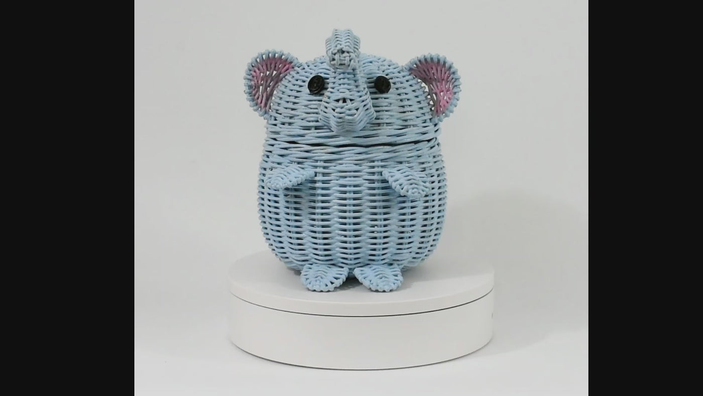 Blue Elephant Rattan Storage Basket With Lid Hand Woven Shelf Organizer Cute Handmade Gift Wicker