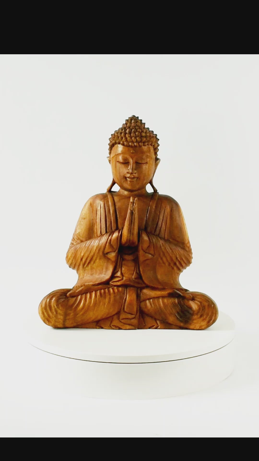 Wooden Serene Sitting Buddha "Anjali Mudra" Statue Handmade Meditating Sculpture Figurine Home Decor Accent Handcrafted Art Modern Oriental Decor