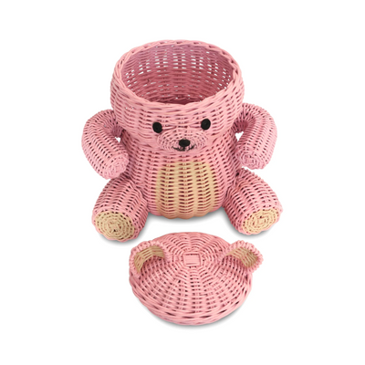 Pink Bear Rattan Storage Basket with Lid Decorative Home Decor Hand Woven Shelf Organizer Cute Handmade Handcrafted Gift Art Decoration Artwork Wicker