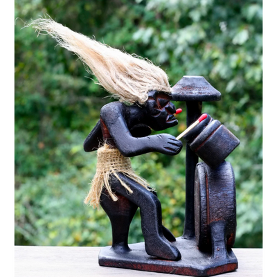 Wooden Handmade Primitive Tribal with Drum Kit Funny Statue Sculpture Tiki Bar Drummer Handcrafted Gift Home Decor Figurine Hand Carved