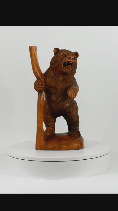 Wooden Hand Carved Grizzly Bear in a Tree Statue Handcrafted Handmade Figurine Sculpture Art Lodge Cabin Outdoor Indoor Home Decor Accent Decoration