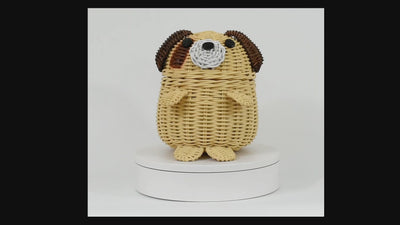 Dog Rattan Storage Basket with Lid Decorative Home Decor Hand Woven Shelf Organizer Cute Handmade Handcrafted Gift Art Decoration Artwork Wicker Puppy