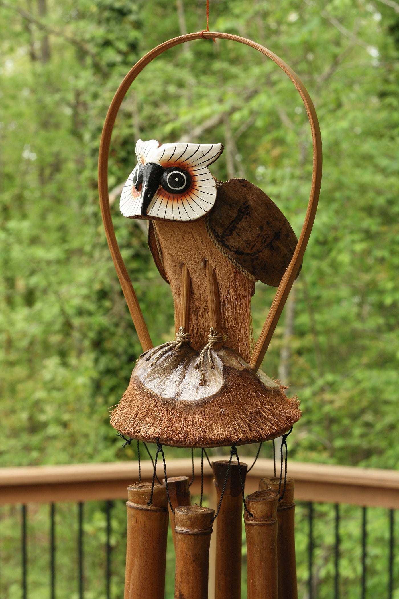 Handmade Wooden Standing Owl Bamboo Wind Chime Wood Statue Figurine Hoot Sculpture Art Rustic Patio Garden Outdoor Decor Handcrafted Decoration