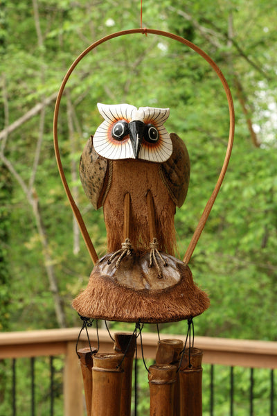 Handmade Wooden Standing Owl Bamboo Wind Chime Wood Statue Figurine Hoot Sculpture Art Rustic Patio Garden Outdoor Decor Handcrafted Decoration