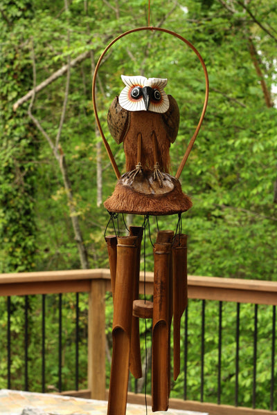 Handmade Wooden Owl Bamboo Wind Chime Wood Statue Figurine Hoot Sculpture Art Decorative Rustic Patio Garden Outdoor Decor Handcrafted Decoration Standing Owl Chime