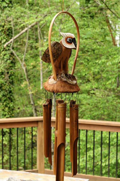 Handmade Wooden Standing Owl Bamboo Wind Chime Wood Statue Figurine Hoot Sculpture Art Rustic Patio Garden Outdoor Decor Handcrafted Decoration