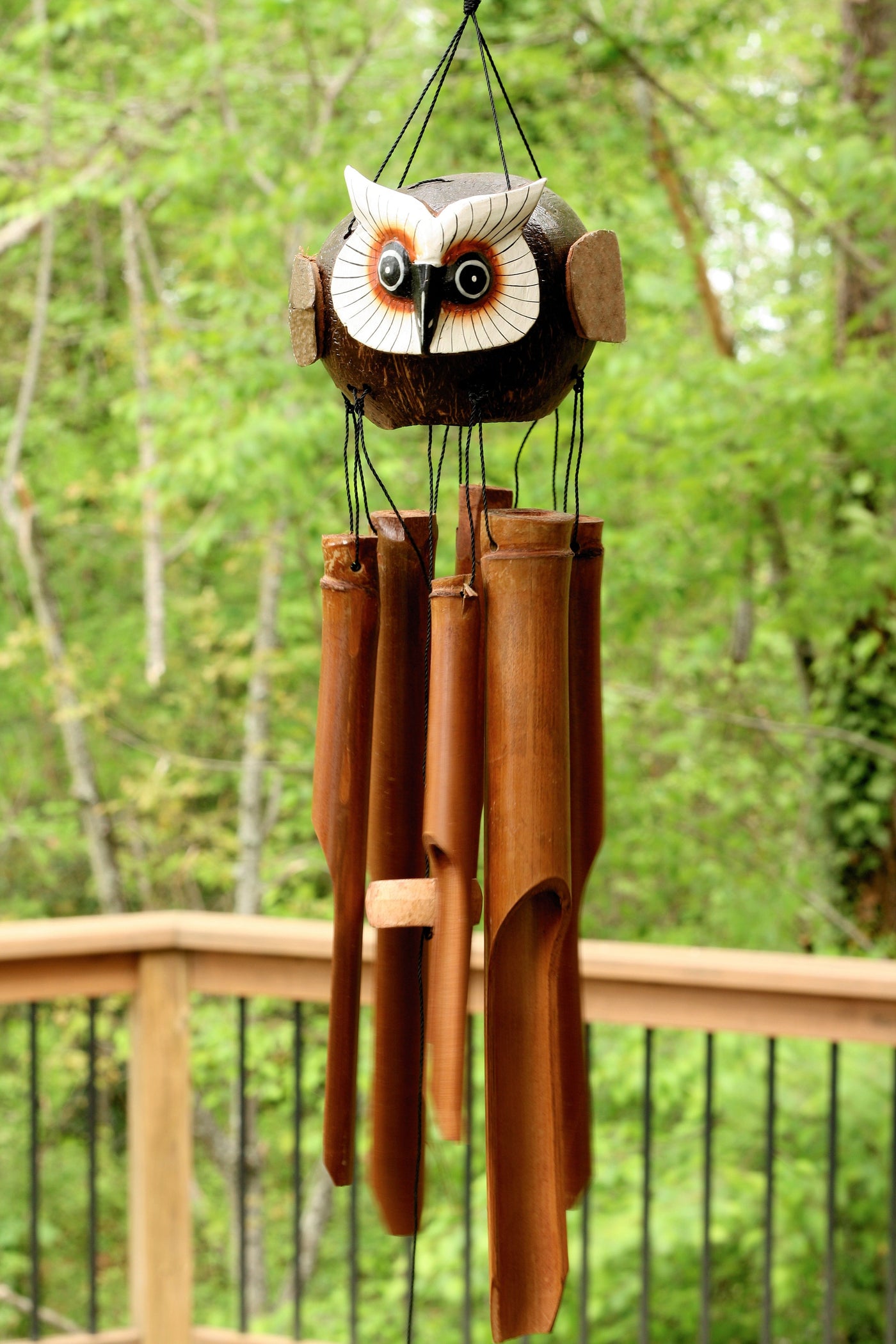 Handmade Wooden Flying Owl Bamboo Wind Chime Wood Statue Figurine Hoot Sculpture Art Decorative Rustic Patio Garden Outdoor Decor Handcrafted Decoration