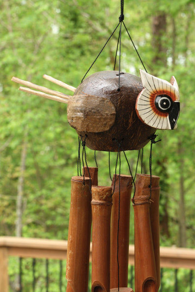 Handmade Wooden Flying Owl Bamboo Wind Chime Wood Statue Figurine Hoot Sculpture Decorative Rustic Patio Garden Outdoor Decor Handcrafted Decoration