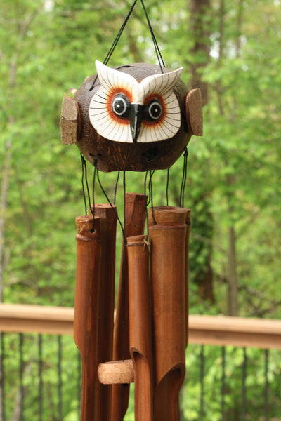 Handmade Wooden Flying Owl Bamboo Wind Chime Wood Statue Figurine Hoot Sculpture Decorative Rustic Patio Garden Outdoor Decor Handcrafted Decoration