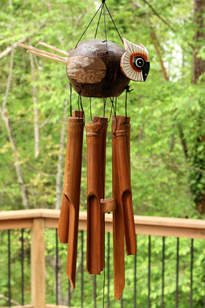 Handmade Wooden Flying Owl Bamboo Wind Chime Wood Statue Figurine Hoot Sculpture Decorative Rustic Patio Garden Outdoor Decor Handcrafted Decoration