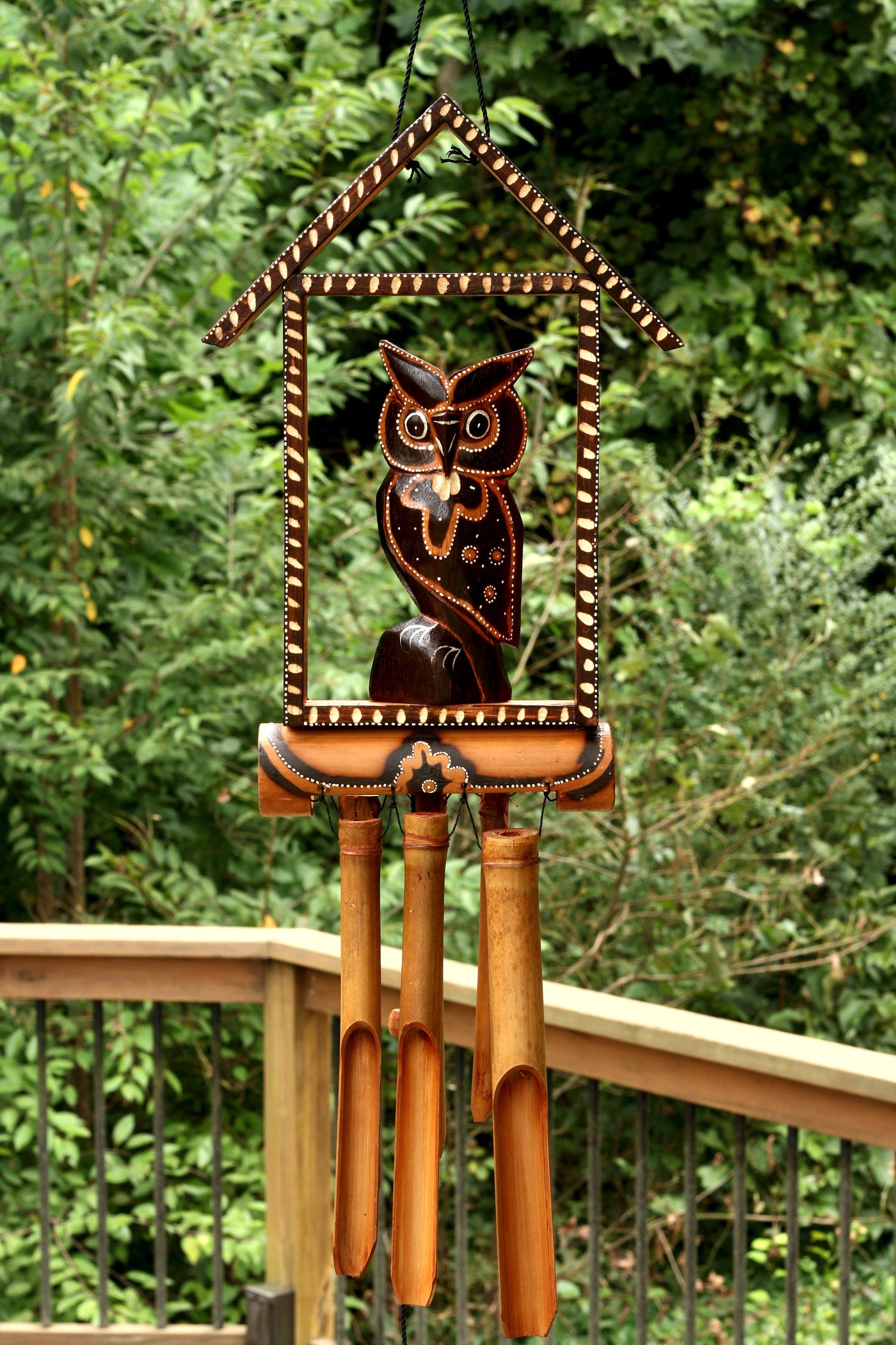 Handmade Wooden Owl House Bamboo Wind Chime Wood Statue Figurine Hoot Sculpture Decorative Rustic Patio Garden Outdoor Decor Handcrafted Decoration