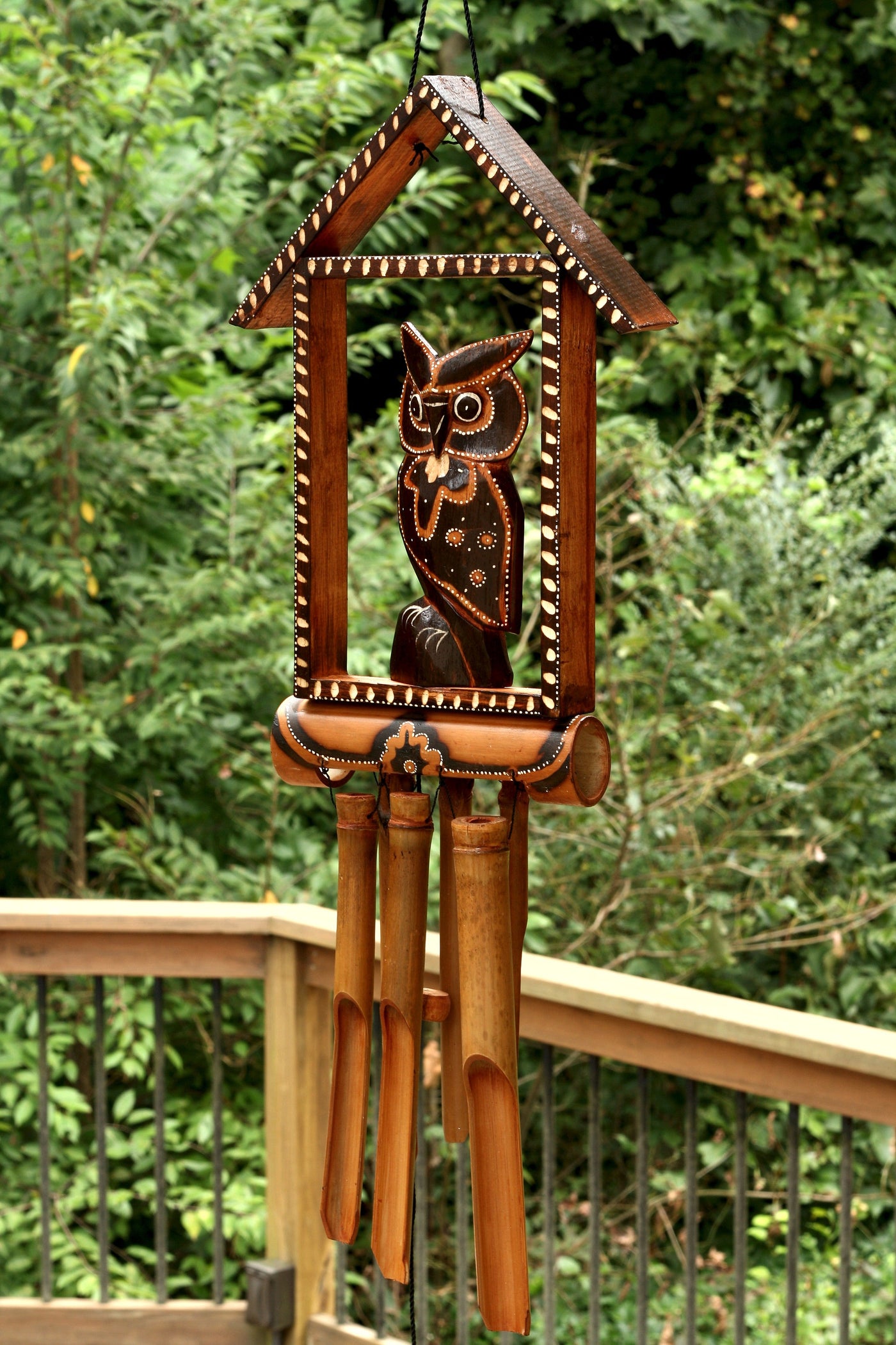 Handmade Wooden Owl House Bamboo Wind Chime Wood Statue Figurine Hoot Sculpture Decorative Rustic Patio Garden Outdoor Decor Handcrafted Decoration