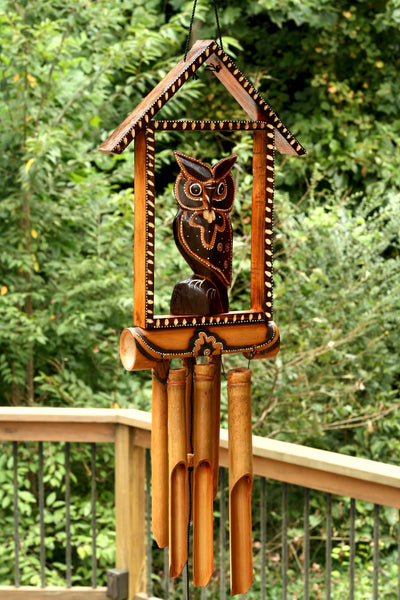Handmade Wooden Owl House Bamboo Wind Chime Wood Statue Figurine Hoot Sculpture Decorative Rustic Patio Garden Outdoor Decor Handcrafted Decoration
