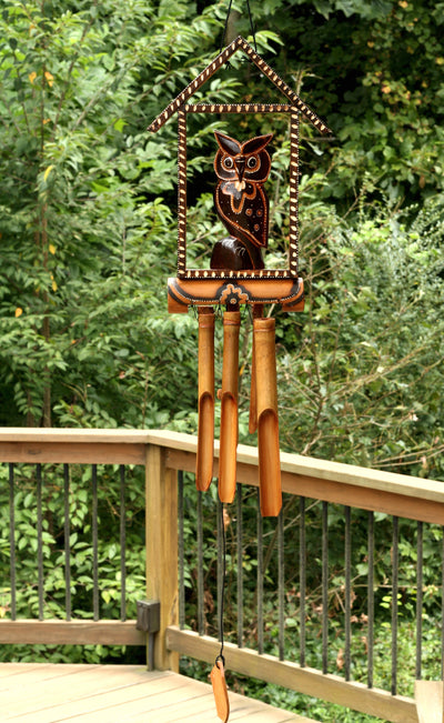 Handmade Wooden Owl House Bamboo Wind Chime Wood Statue Figurine Hoot Sculpture Decorative Rustic Patio Garden Outdoor Decor Handcrafted Decoration