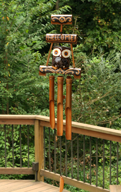 Handmade Wooden Owl Welcome Sign Bamboo Wind Chime Wood Statue Figurine Hoot Sculpture Patio Garden Outdoor Decor Handcrafted Decoration