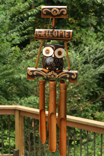Handmade Wooden Owl Welcome Sign Bamboo Wind Chime Wood Statue Figurine Hoot Sculpture Patio Garden Outdoor Decor Handcrafted Decoration