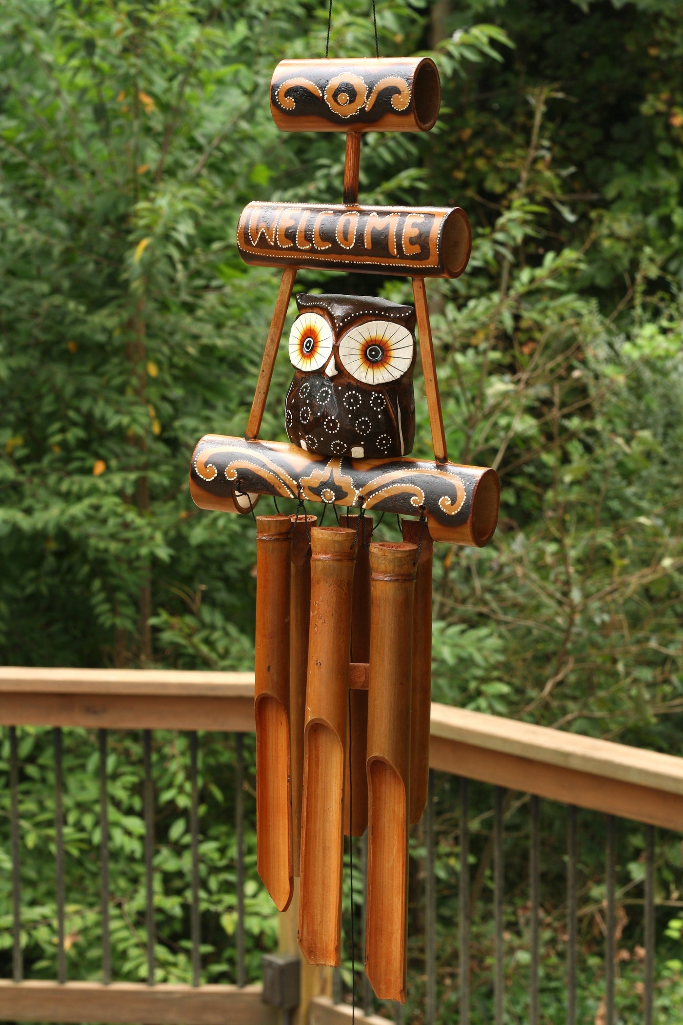 Handmade Wooden Owl Welcome Sign Bamboo Wind Chime Wood Statue Figurine Hoot Sculpture Patio Garden Outdoor Decor Handcrafted Decoration