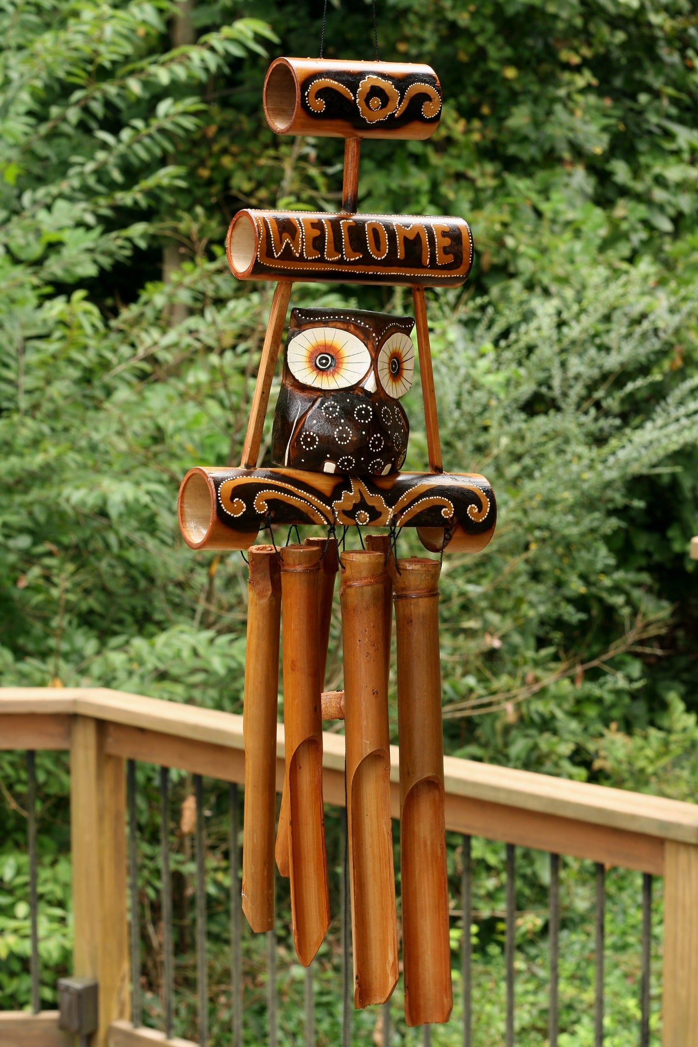 Handmade Wooden Owl Welcome Sign Bamboo Wind Chime Wood Statue Figurine Hoot Sculpture Patio Garden Outdoor Decor Handcrafted Decoration