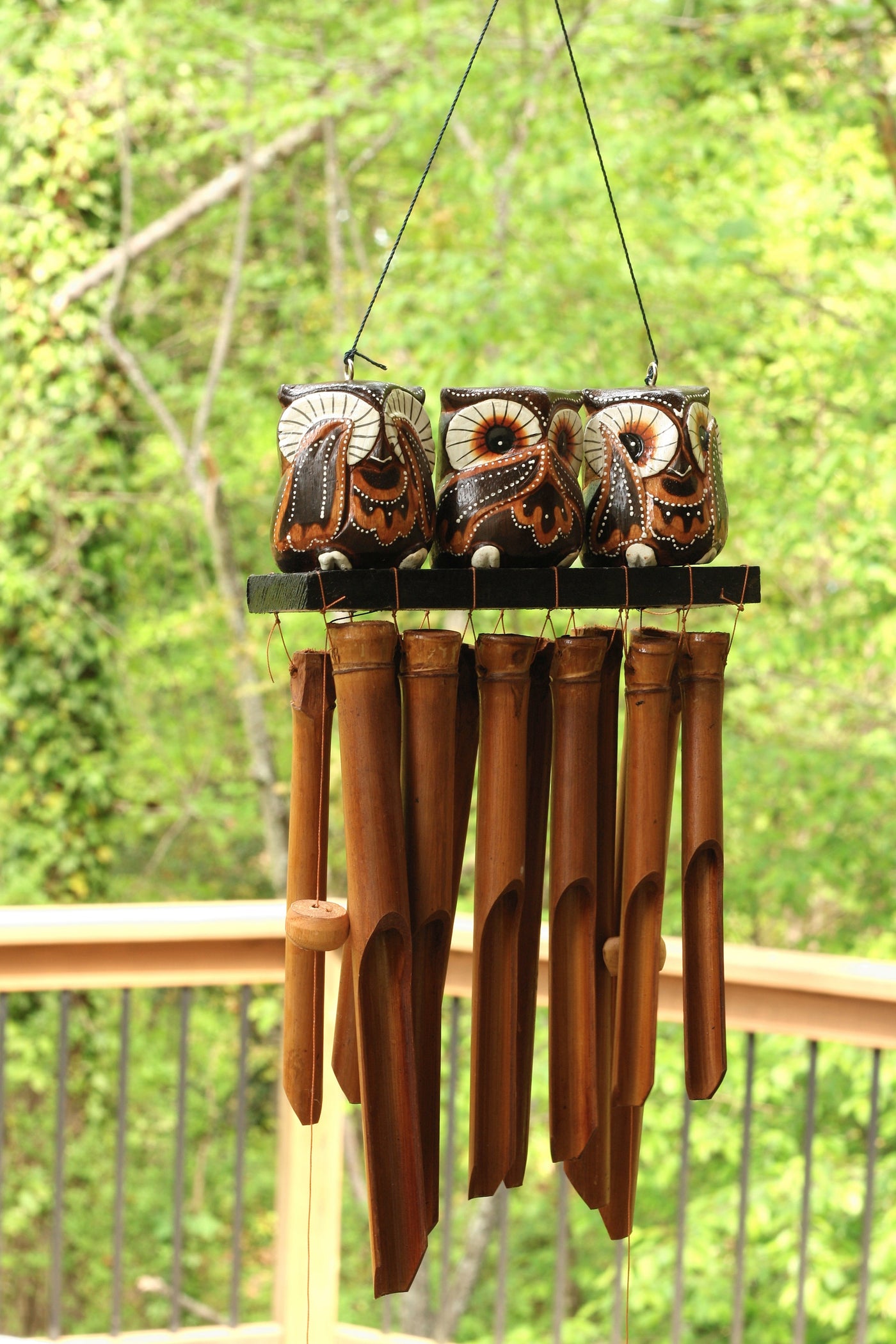 Handmade Wooden See Hear Speak No Evil Owl Bamboo Wind Chime Wood Statue Figurine Hoot Sculpture Patio Garden Outdoor Decor Handcrafted Decoration