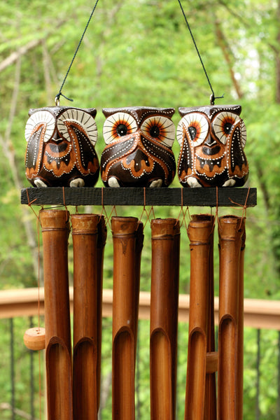 Handmade Wooden See Hear Speak No Evil Owl Bamboo Wind Chime Wood Statue Figurine Hoot Sculpture Patio Garden Outdoor Decor Handcrafted Decoration