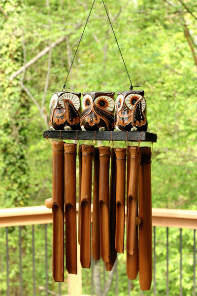 Handmade Wooden See Hear Speak No Evil Owl Bamboo Wind Chime Wood Statue Figurine Hoot Sculpture Patio Garden Outdoor Decor Handcrafted Decoration