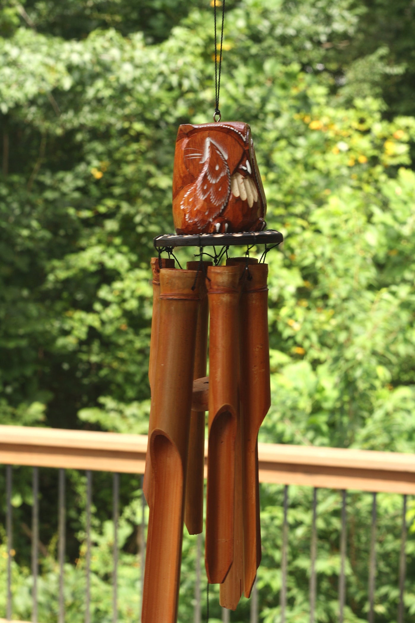 Handmade Wooden See No Evil Owl Bamboo Wind Chime Wood Statue Figurine Hoot Sculpture Art Rustic Patio Garden Outdoor Decor Handcrafted Decoration
