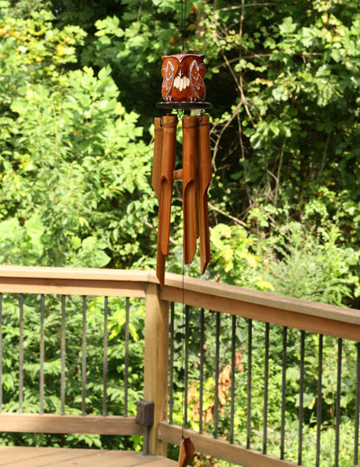 Handmade Wooden See No Evil Owl Bamboo Wind Chime Wood Statue Figurine Hoot Sculpture Art Rustic Patio Garden Outdoor Decor Handcrafted Decoration
