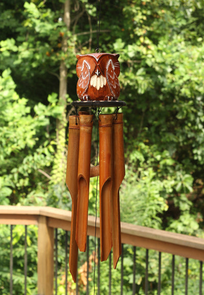 Handmade Wooden See No Evil Owl Bamboo Wind Chime Wood Statue Figurine Hoot Sculpture Art Decorative Rustic Patio Garden Outdoor Decor Handcrafted Decoration