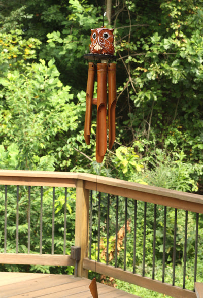 Handmade Wooden Speak No Evil Owl Bamboo Wind Chime Wood Statue Figurine Hoot Sculpture Art Rustic Patio Garden Outdoor Decor Handcrafted Decoration