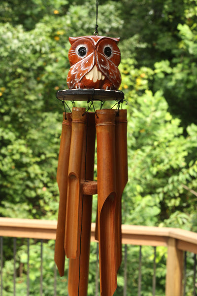 Handmade Wooden Speak No Evil Owl Bamboo Wind Chime Wood Statue Figurine Hoot Sculpture Art Decorative Rustic Patio Garden Outdoor Decor Handcrafted Decoration