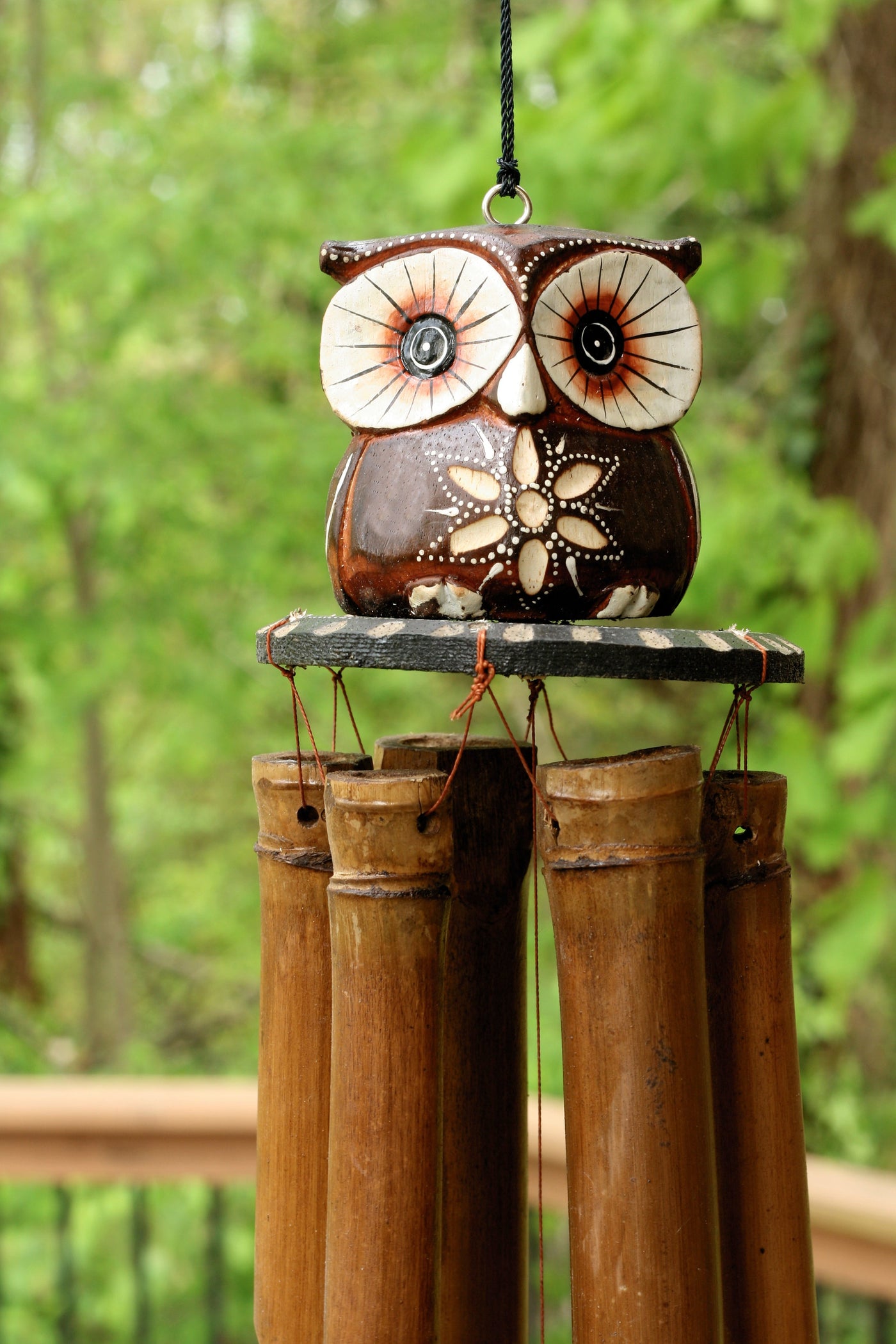 Handmade Wooden Mini Owl Bamboo Wind Chime Wood Statue Figurine Hoot Sculpture Art Decorative Rustic Patio Garden Outdoor Decor Handcrafted Decoration