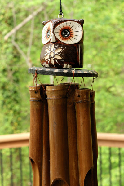 Handmade Wooden Mini Owl Bamboo Wind Chime Wood Statue Figurine Hoot Sculpture Art Decorative Rustic Patio Garden Outdoor Decor Handcrafted Decoration