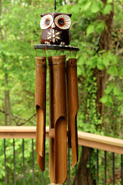 Handmade Wooden Mini Owl Bamboo Wind Chime Wood Statue Figurine Hoot Sculpture Art Decorative Rustic Patio Garden Outdoor Decor Handcrafted Decoration