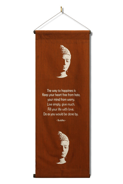 Inspirational Wall Hanging Scroll "Buddha - The Way To Happiness" Banner, Inspiring Quote, Affirmation Motivational Uplifting, Thought Saying Tapestry