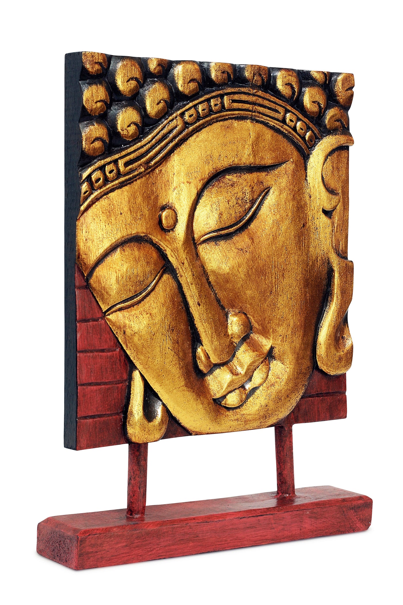 15" Wooden Serene Buddha Head Plaque Gold Statue Handmade Meditating Sculpture Figurine Decorative Home Decor Accent Handcrafted Art Oriental