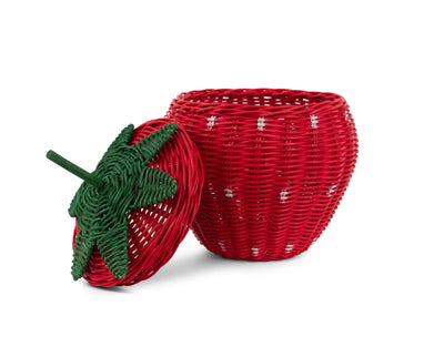 Hand Woven Strawberry Rattan Storage Basket with Lid Decorative Bin Home Decor Shelf Organizer Cute Handmade Handcrafted Gift Art Decoration Wicker