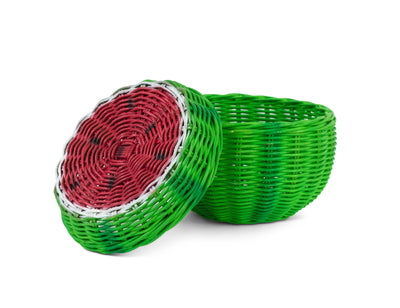 Hand Woven Watermelon Rattan Storage Basket with Lid Decorative Bin Home Decor Shelf Organizer Cute Handmade Handcrafted Gift Art Decoration Wicker